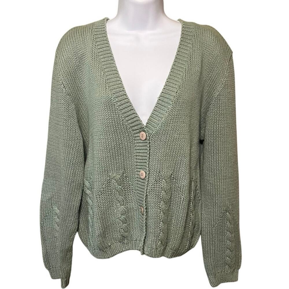Vtg Ramie Cotton Blend Heavy Cable Knit Cardigan Sz M Preppy Classic Cottage 90s - Picture 1 of 6